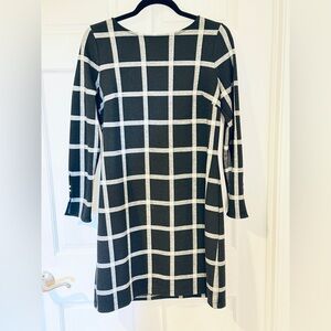Ann Taylor Black and White Grid Long Sleeve Dress MP